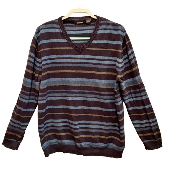 Claiborne Sweater Mens Large Blue Striped V-Neck Pullover career retro hipster - Picture 1 of 13